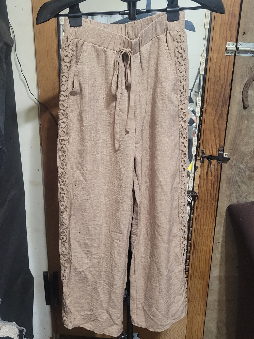 SHEIN Beige Wide-Leg Drawstring Pants with Crochet Side Trim